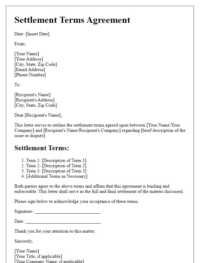 Letter template of agreement on settlement terms