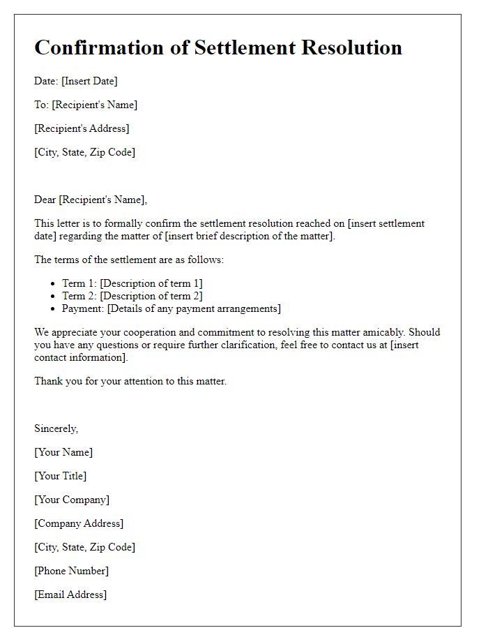 Letter template of confirmation on settlement resolution