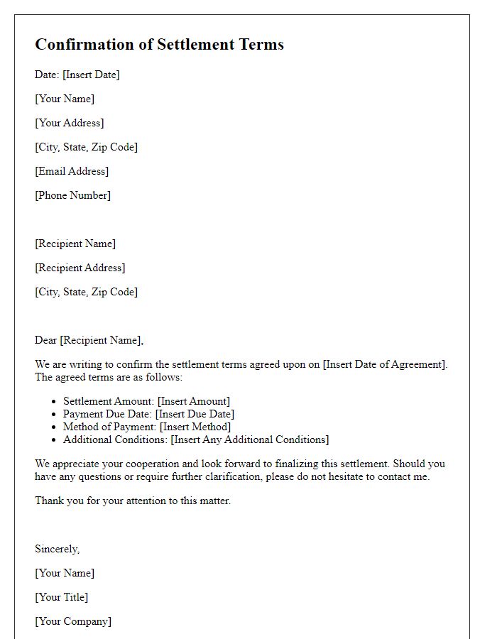 Letter template of confirmation for settlement terms