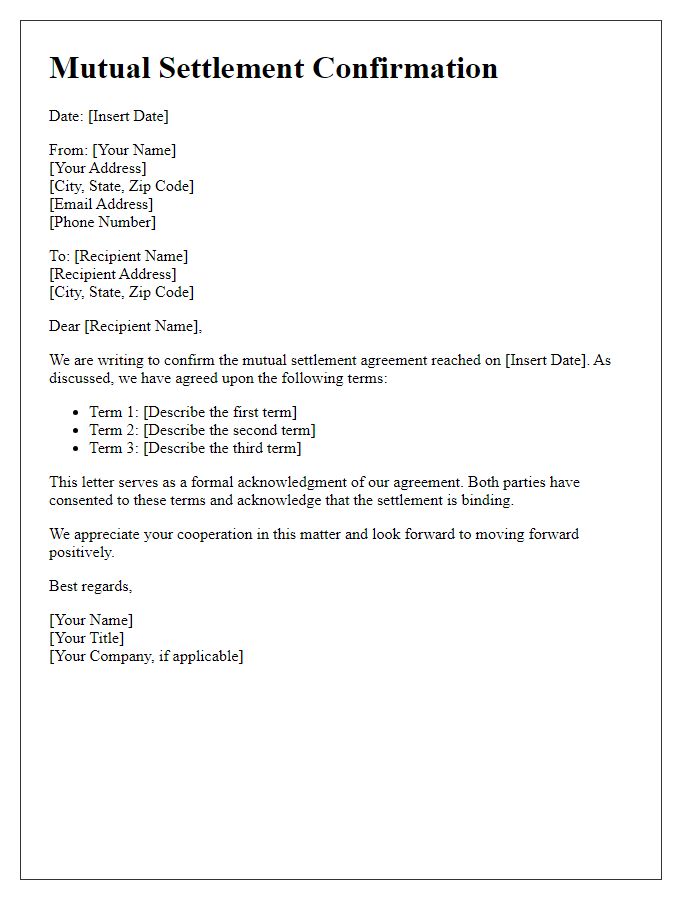 Letter template of mutual settlement confirmation