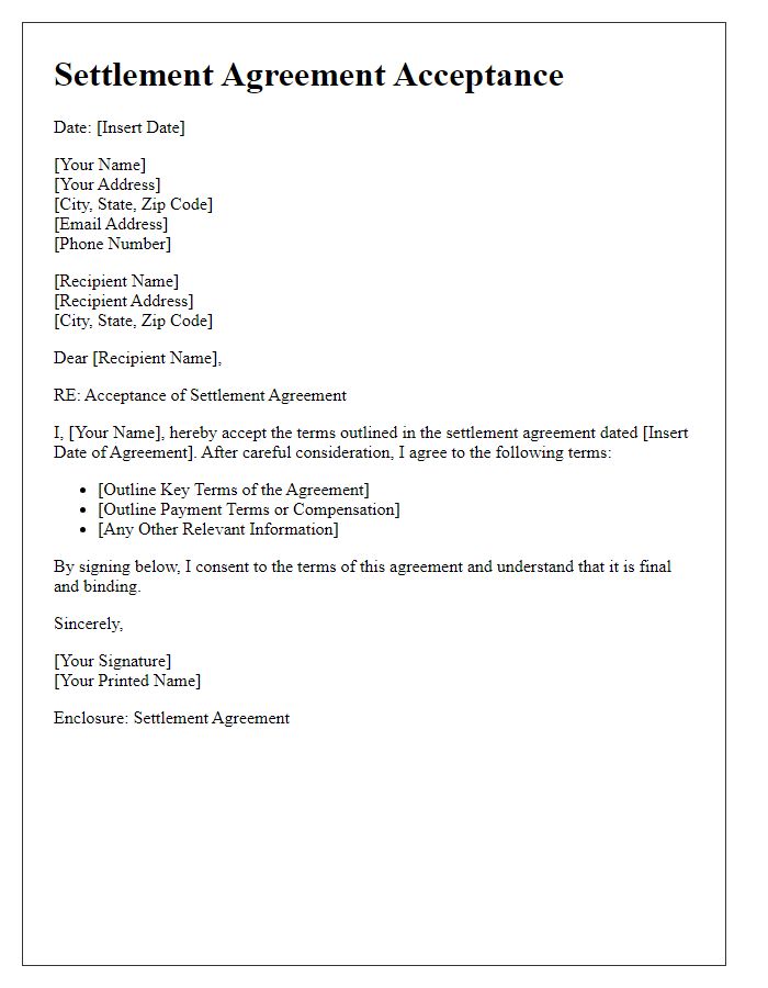 Letter template of settlement agreement acceptance