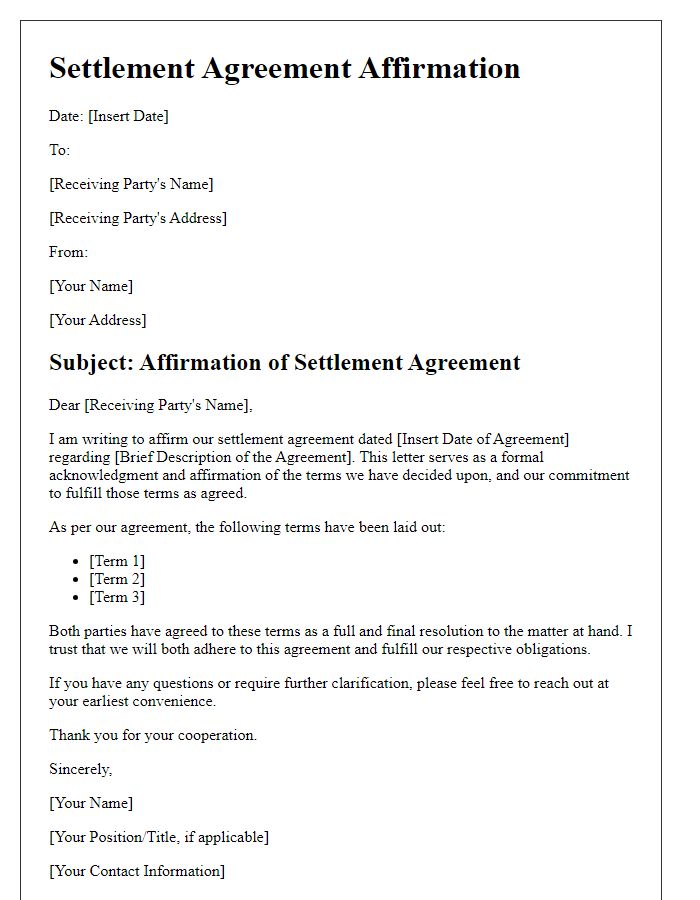 Letter template of settlement agreement affirmation