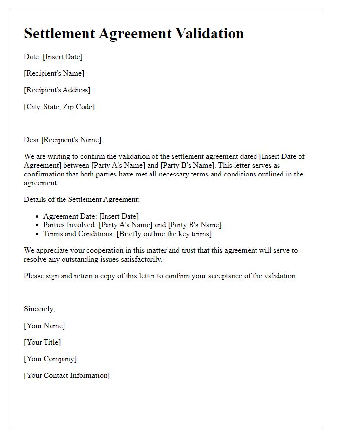 Letter template of settlement agreement validation