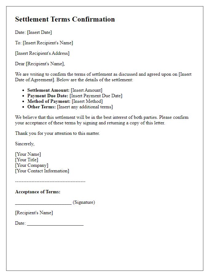 Letter template of settlement terms confirmation