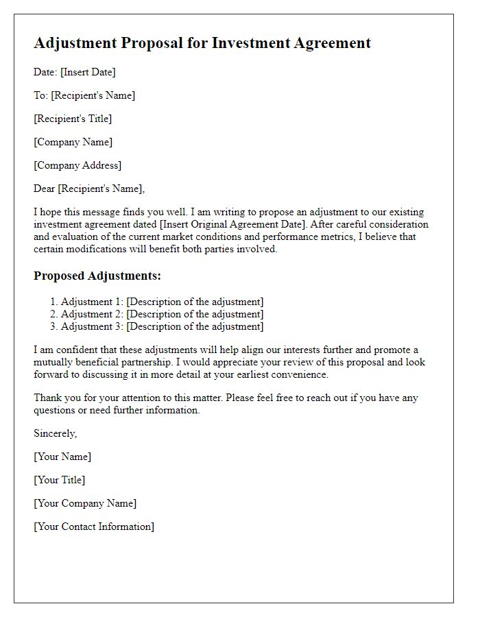 Letter template of adjustment proposal for investment agreement