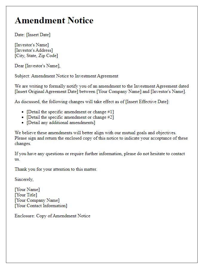 Letter template of amendment notice for investment agreement