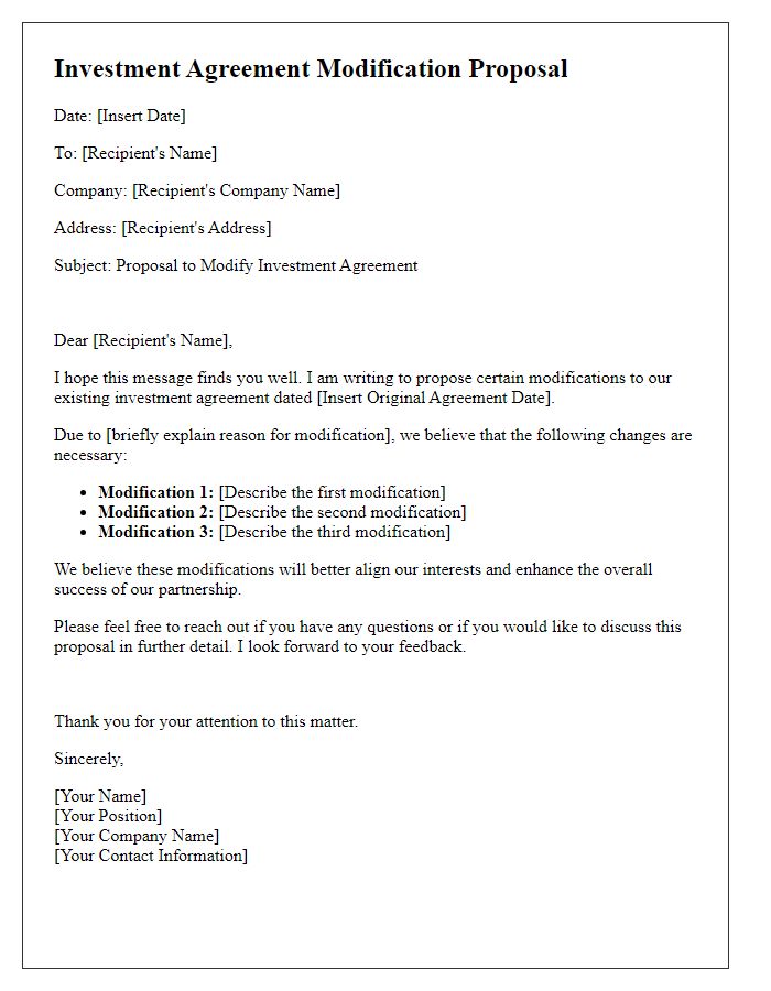 Letter template of investment agreement modification proposal