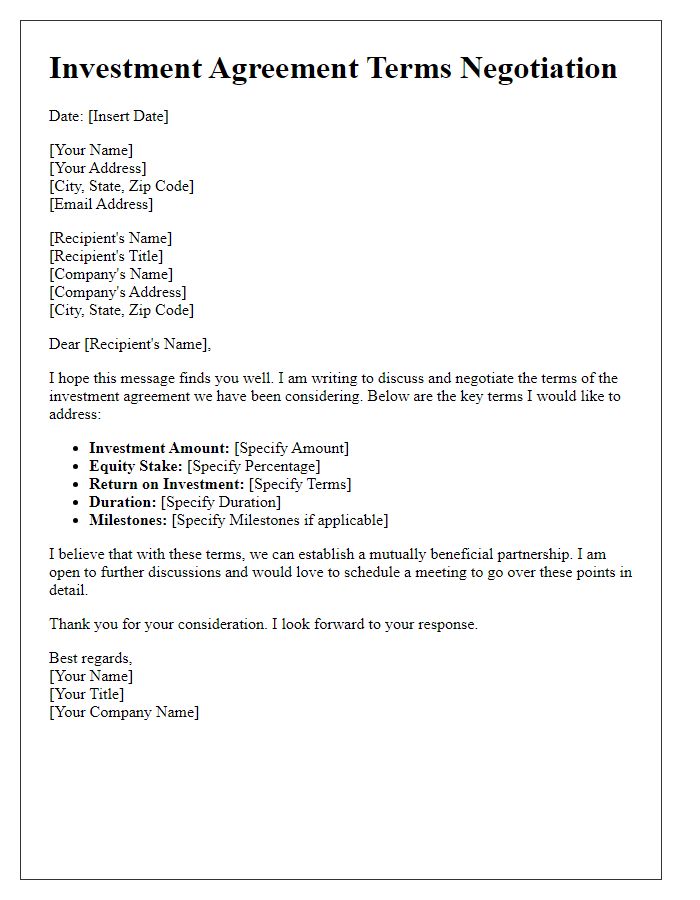 Letter template of investment agreement terms negotiation