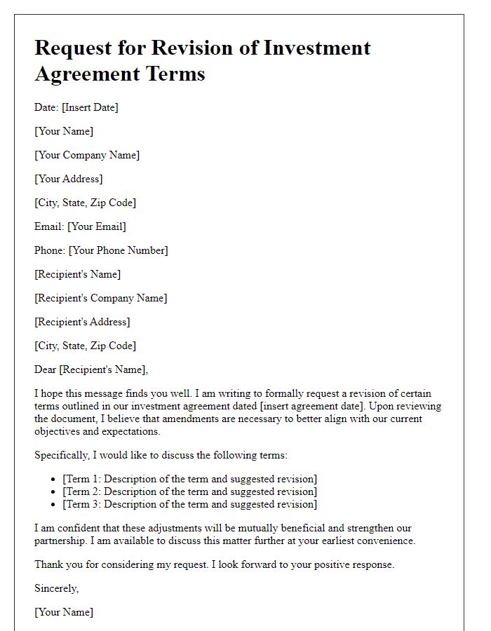 Letter template of investment agreement terms revision request