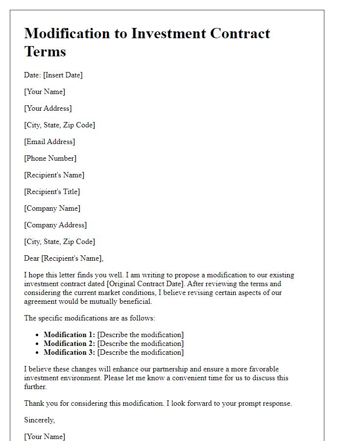 Letter template of modification to investment contract terms