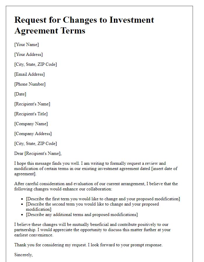 Letter template of request for changes to investment agreement terms