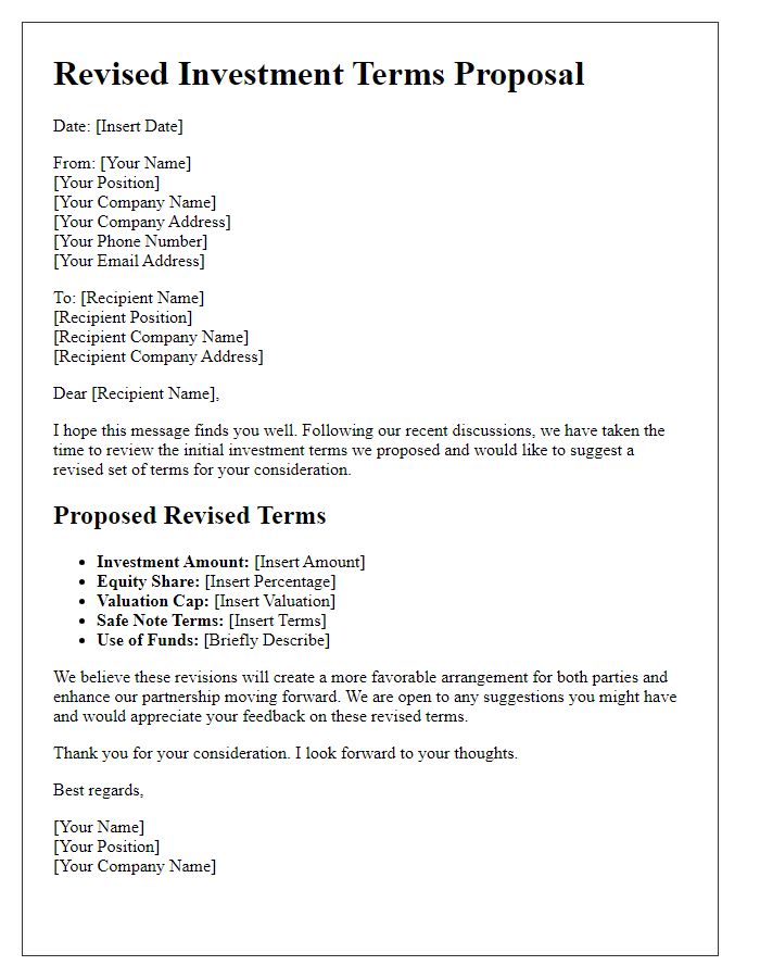 Letter template of revised investment terms suggestion