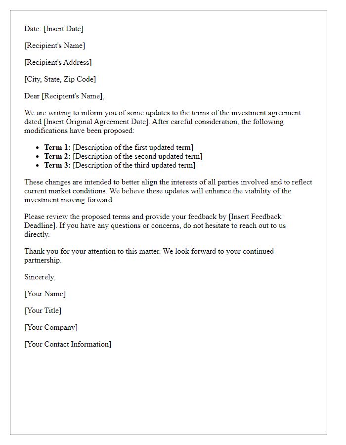 Letter template of updates to investment agreement terms