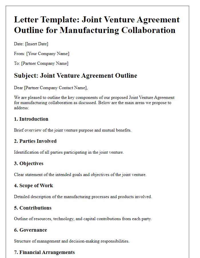 Letter template of Joint Venture Agreement Outline for Manufacturing Collaboration