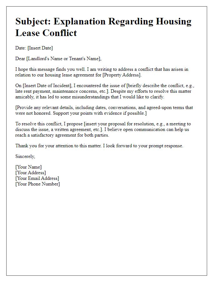 Letter template of housing lease conflict explanation