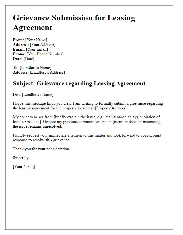 Letter template of leasing agreement grievance submission