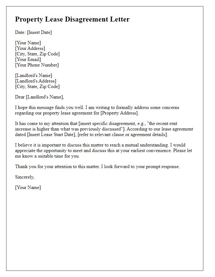 Letter template of property lease disagreement communication