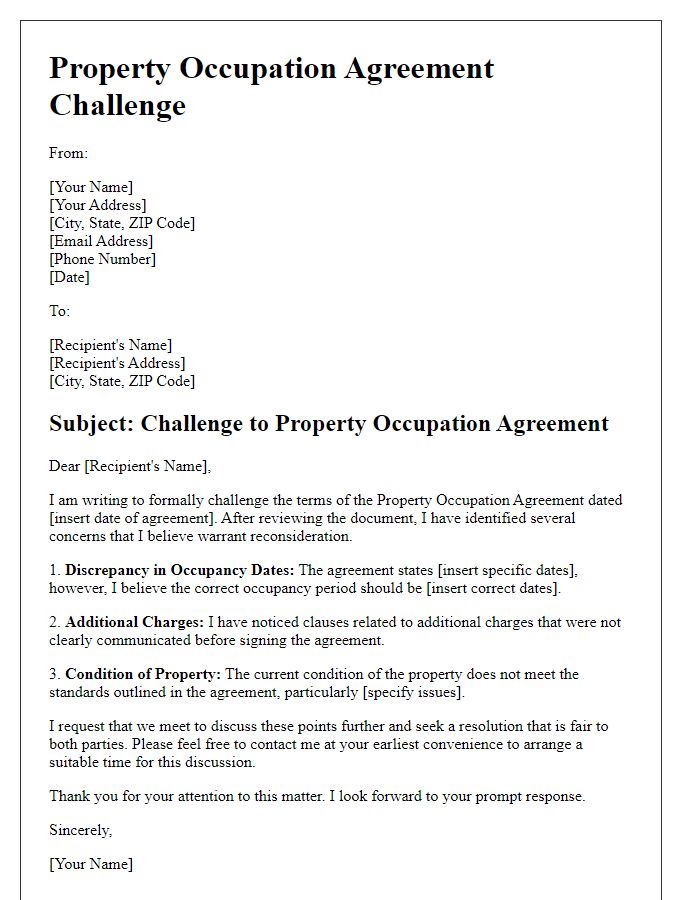 Letter template of property occupation agreement challenge