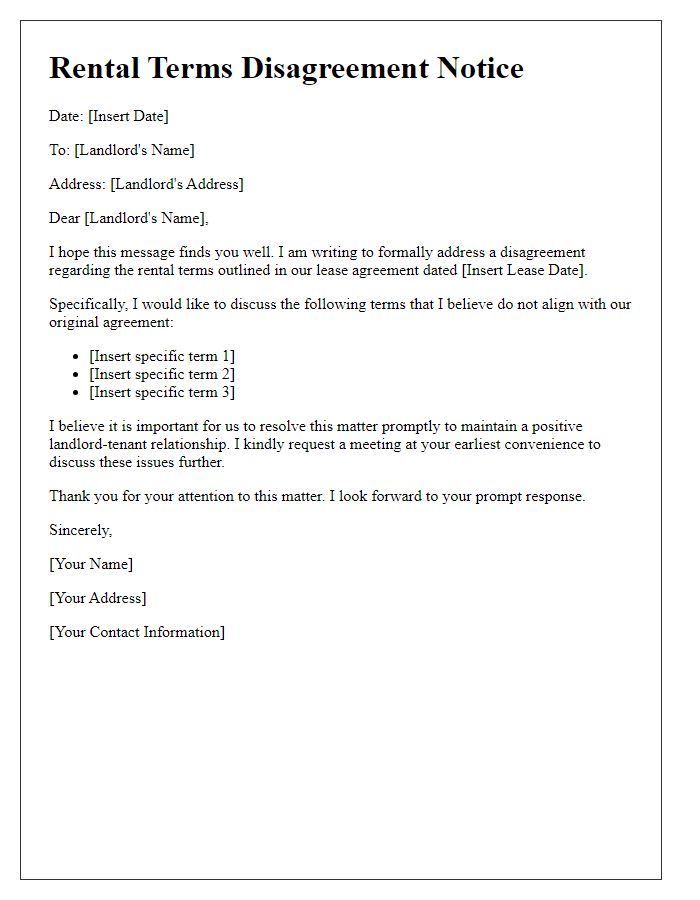 Letter template of rental terms disagreement notice