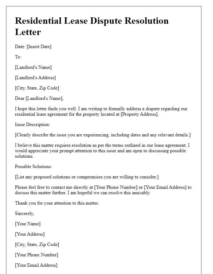 Letter template of residential lease dispute resolution