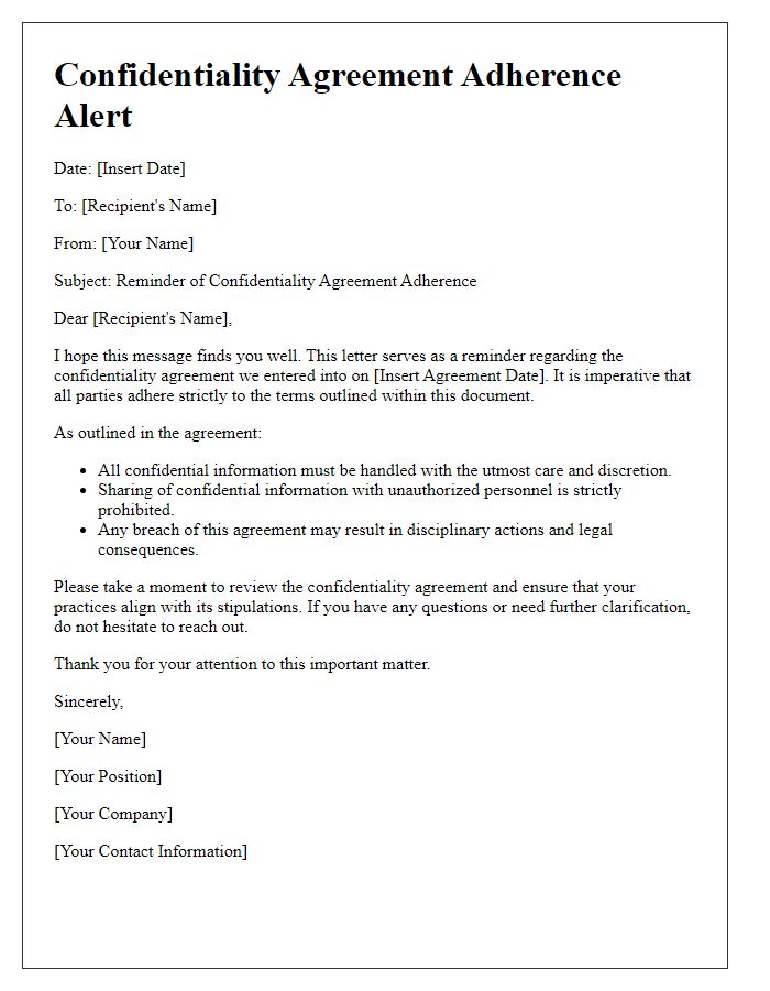 Letter template of confidentiality agreement adherence alert