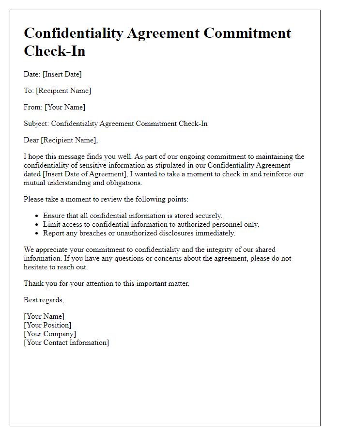 Letter template of confidentiality agreement commitment check-in