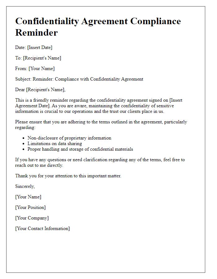 Letter template of confidentiality agreement compliance reminder