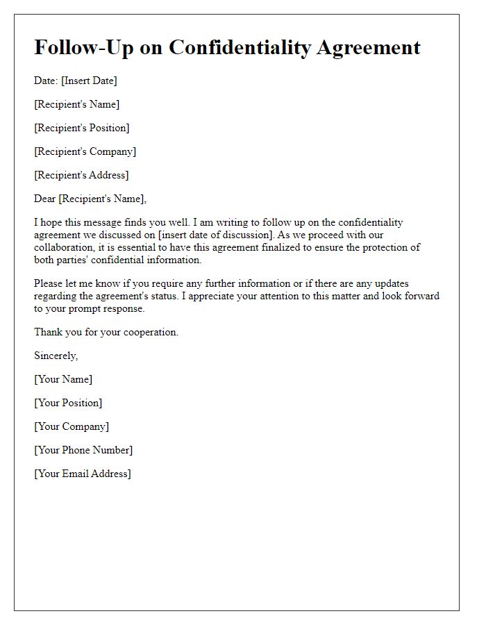 Letter template of confidentiality agreement follow-up