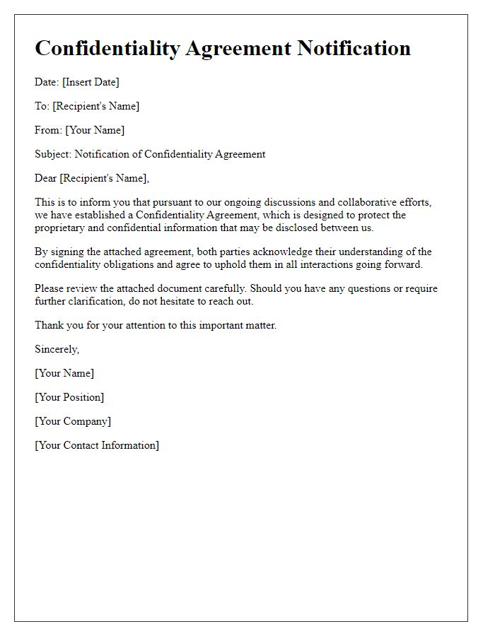 Letter template of confidentiality agreement notification