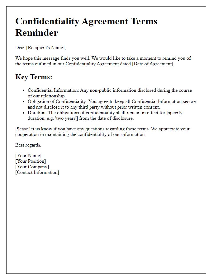 Letter template of confidentiality agreement terms reminder