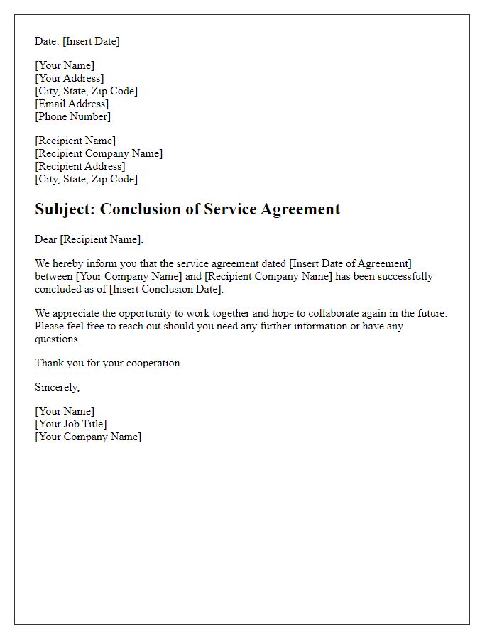 Letter template of concluded service agreement