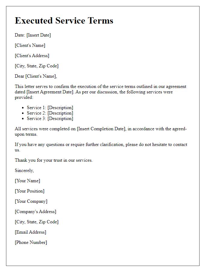 Letter template of executed service terms