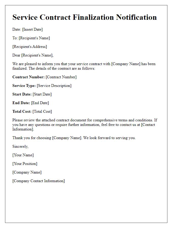 Letter template of finalized service contract notification