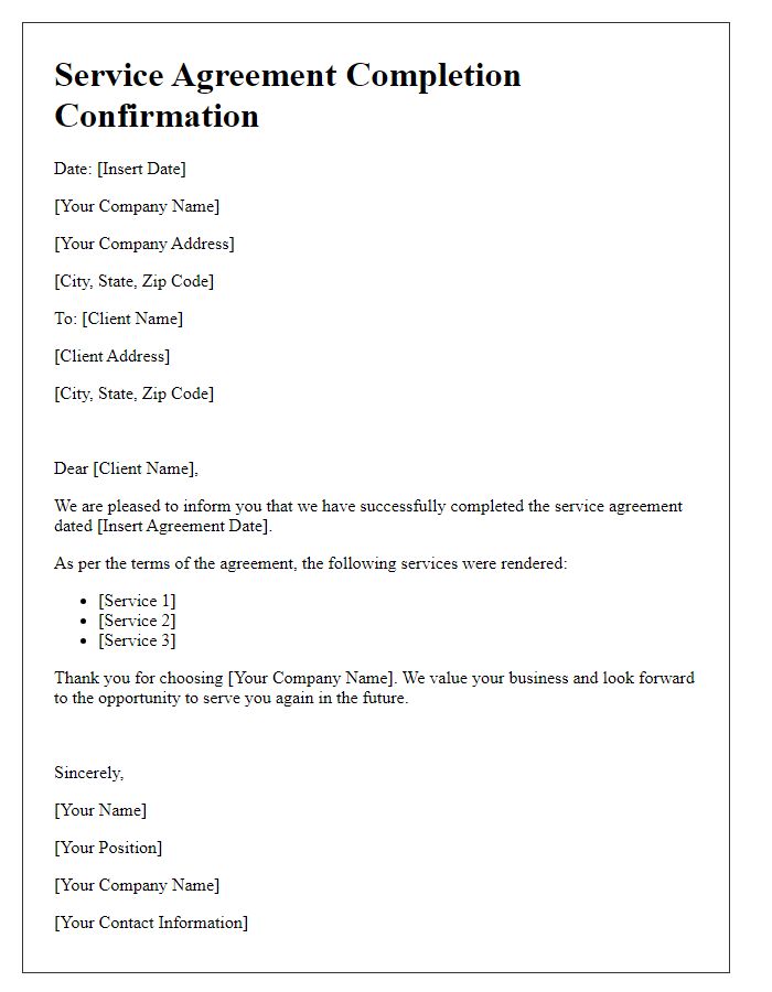 Letter template of service agreement completion confirmation