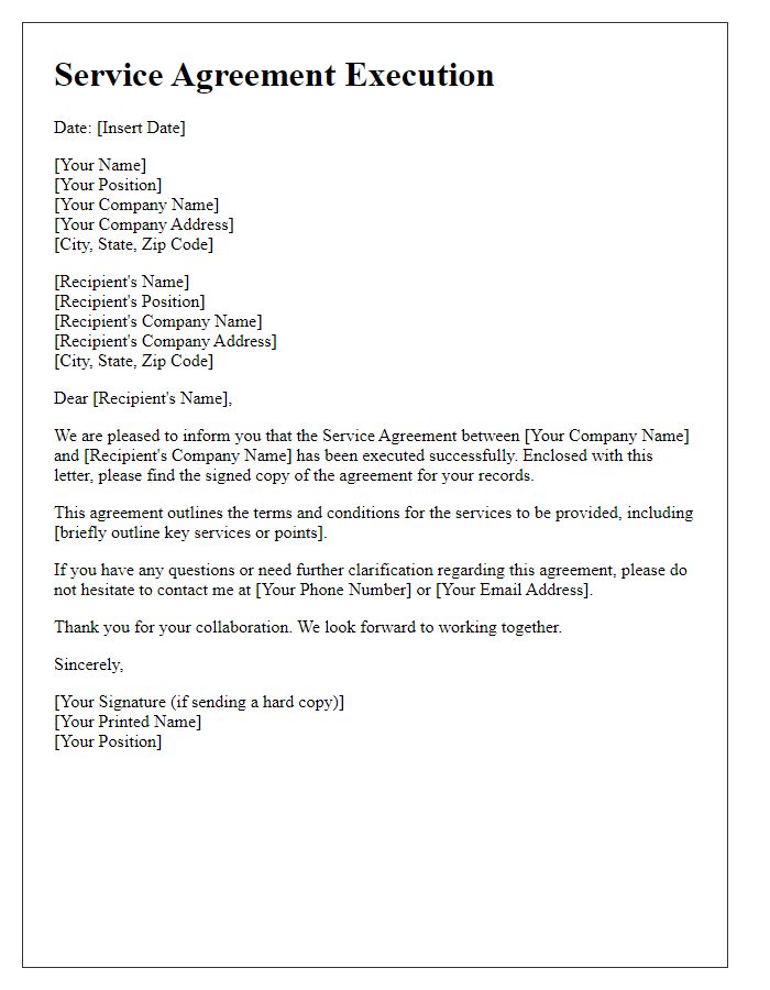 Letter template of service agreement execution