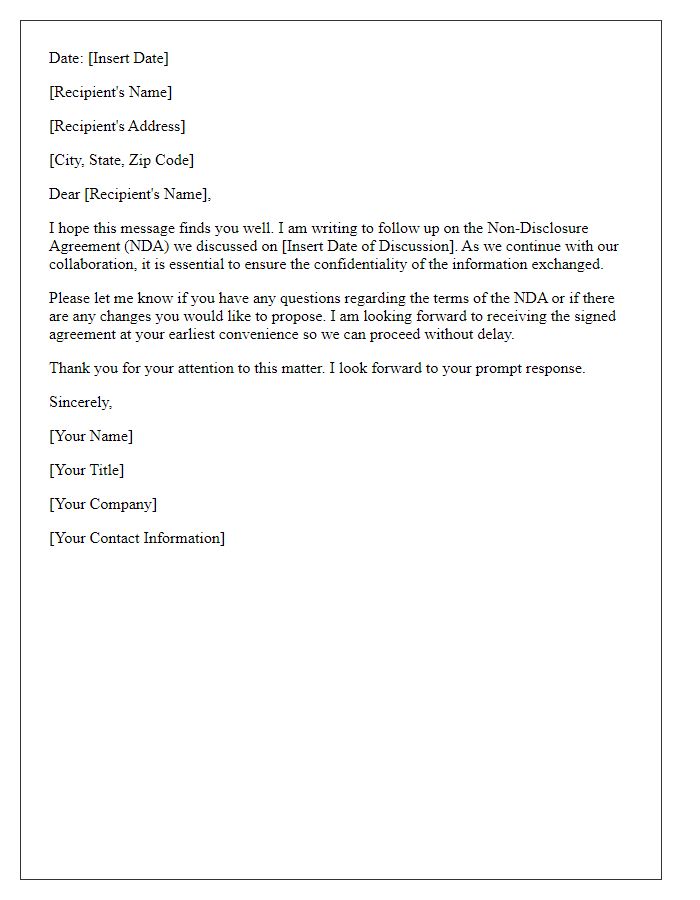 Letter template of non-disclosure agreement follow-up