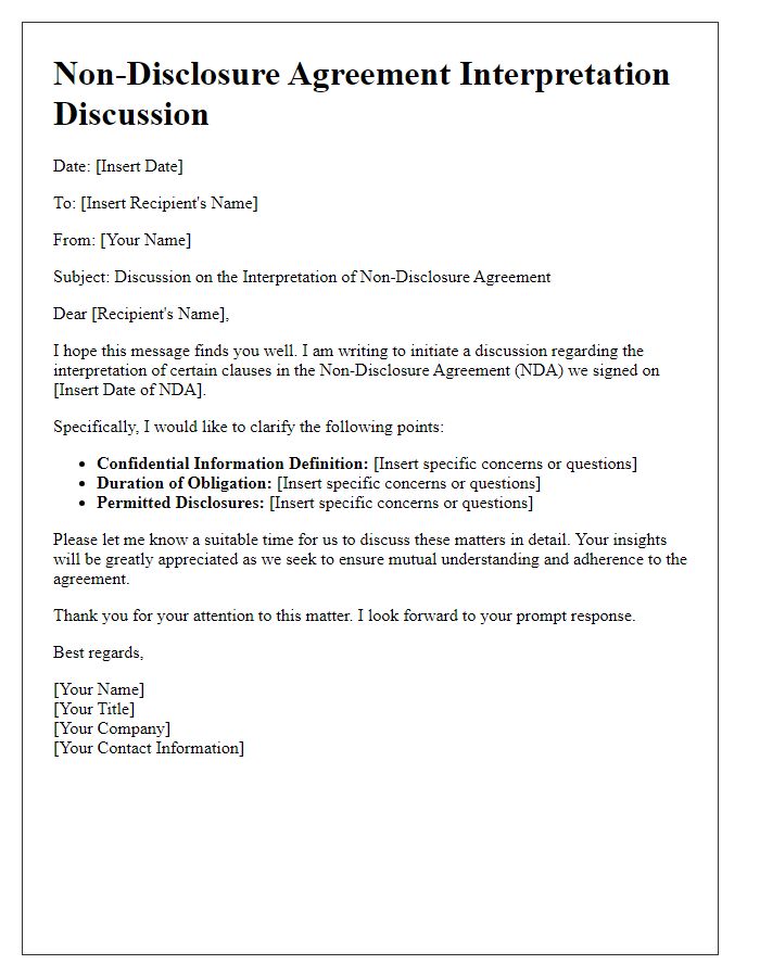 Letter template of non-disclosure agreement interpretation discussion