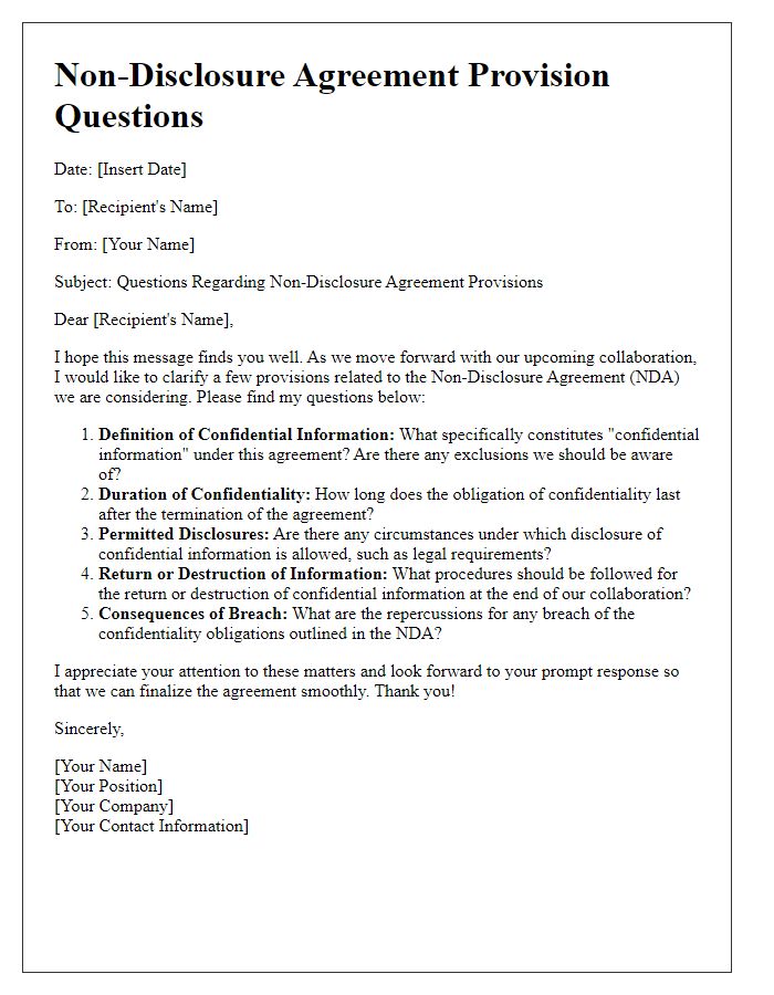 Letter template of non-disclosure agreement provision questions