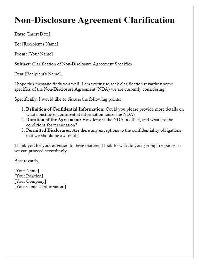 Letter template of non-disclosure agreement specifics clarification