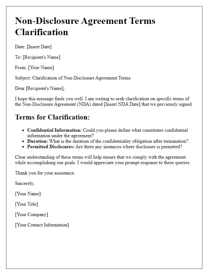 Letter template of non-disclosure agreement terms clarification