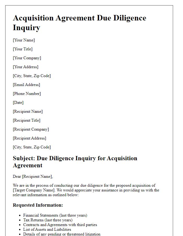 Letter template of acquisition agreement due diligence inquiry