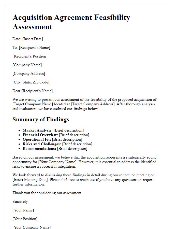 Letter template of acquisition agreement feasibility assessment