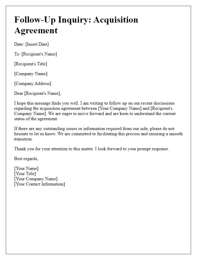 Letter template of acquisition agreement follow-up inquiry