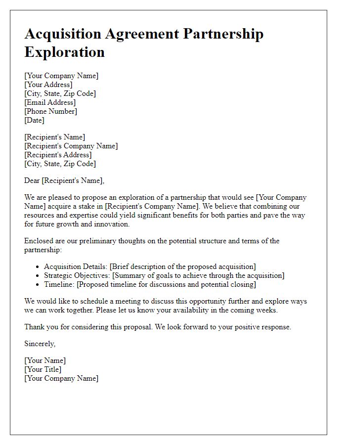 Letter template of acquisition agreement partnership exploration