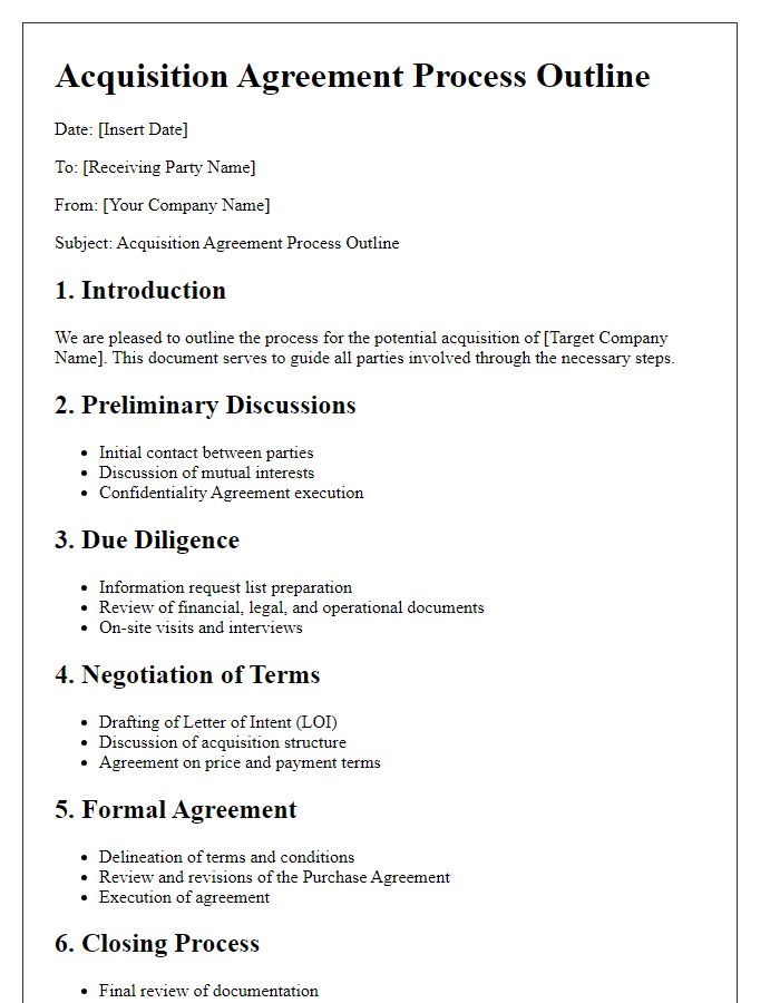 Letter template of acquisition agreement process outline