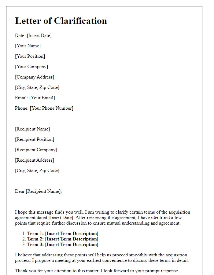 Letter template of acquisition agreement terms clarification