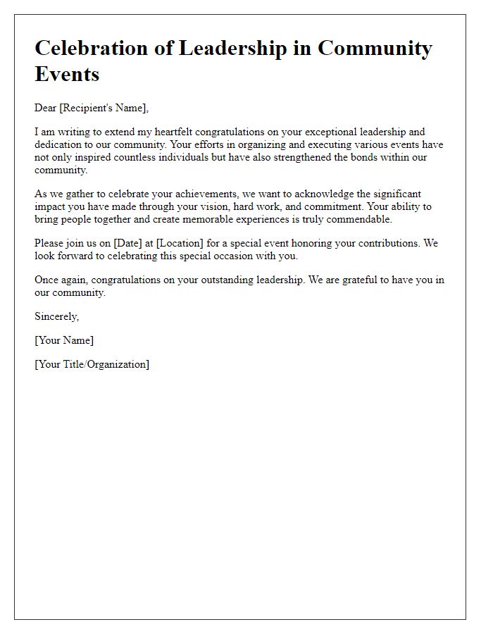 Letter template of celebration for leadership in community events