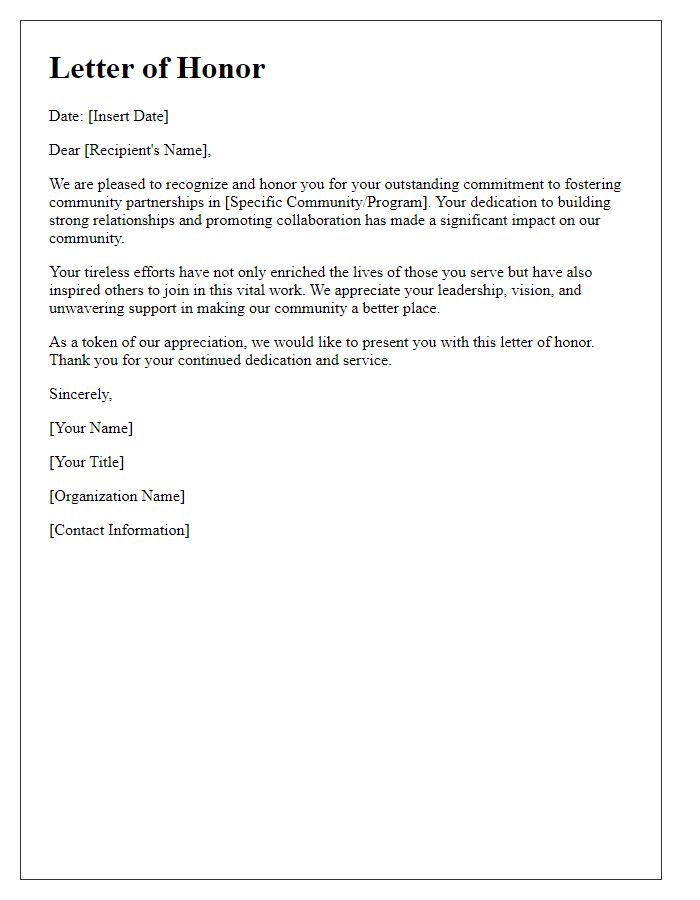 Letter template of honor for fostering community partnerships