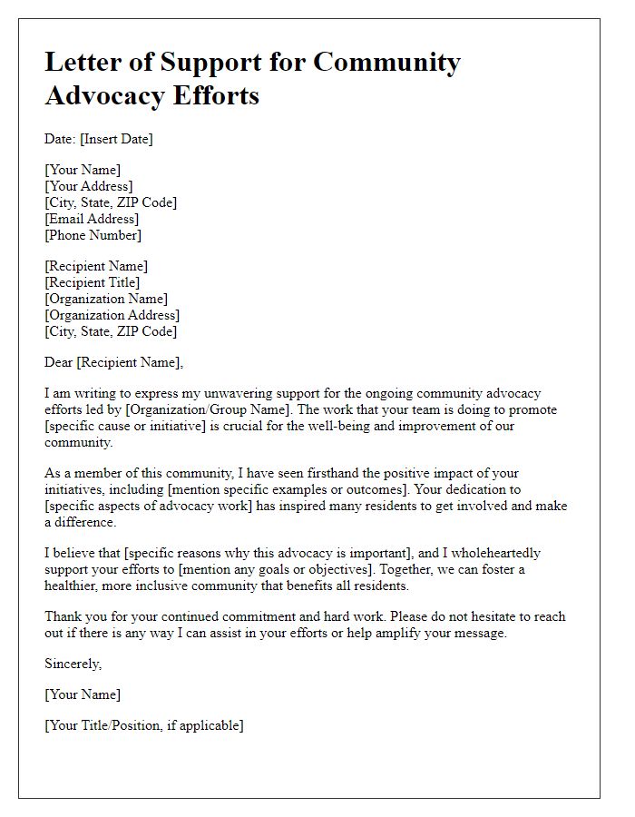 Letter template of support for ongoing community advocacy efforts