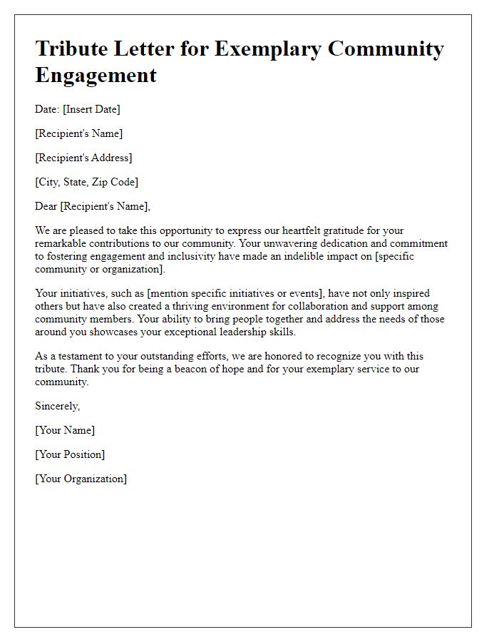 Letter template of tribute for exemplary community engagement